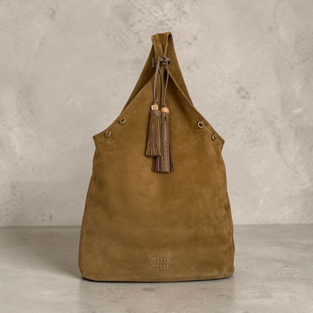 Miu Miu Dark Tan Suede Tote Bag w/ tassel charms